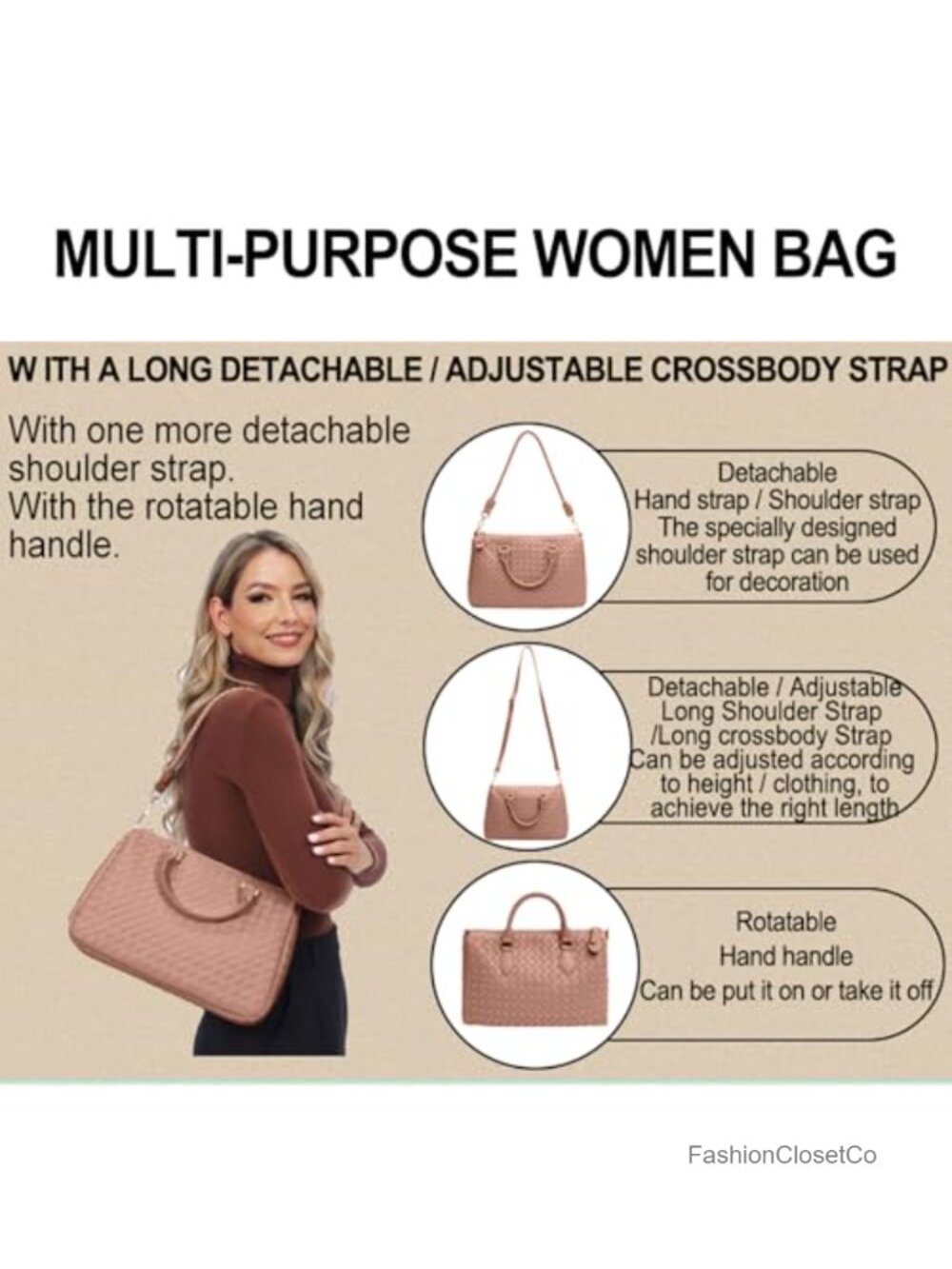 Woven Vegan Leather Tote Bag with Crossbody Strap Zip Closure - Picture 2 of 6